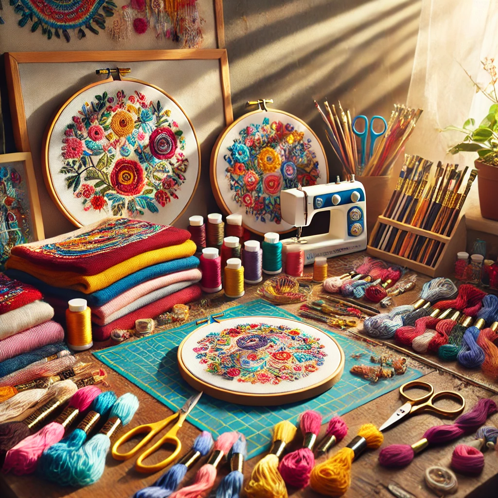 DALL·E 2024-08-19 12.52.12 - A vibrant workspace showcasing an array of colorful embroidery threads, intricate needles, hoops, and fabric swatches, contrasted with a set of stitch.webp